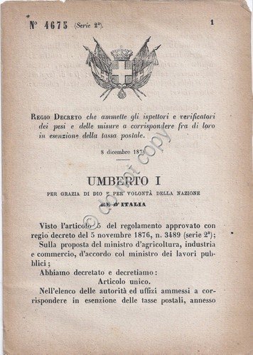 Regio Decreto 1879 Umberto I ispettori dei pesi in esenzione … | Immagine principale