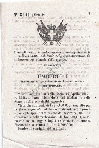 Regio Decreto 1879 Umberto I Marina Spese impreviste 5045 | Immagine principale