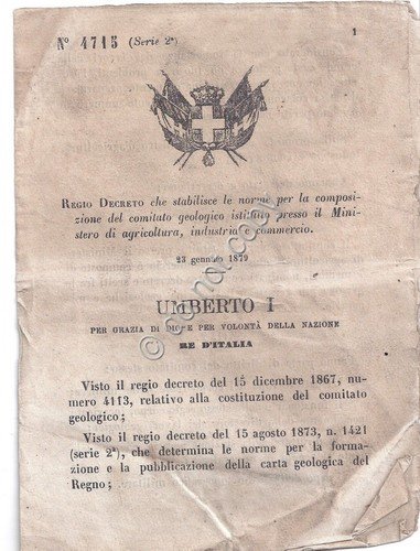 Regio Decreto 1879 Umberto I Ministero Agricoltura comitato geologico 4715 | Immagine principale
