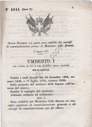 Regio Decreto 1879 Umberto I Ministero finanze consigli amministrazioni 5037 | Immagine principale
