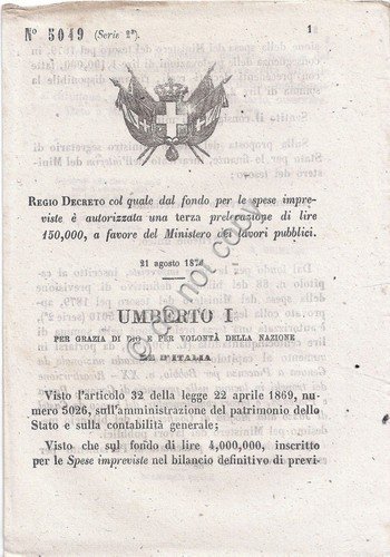 Regio Decreto 1879 Umberto I Ministero Lavori Pubblici prelevazione 5049 | Immagine principale