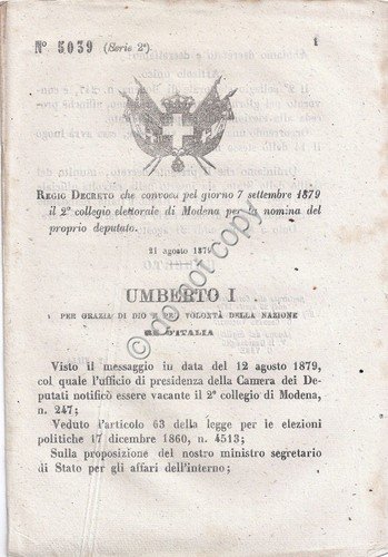 Regio Decreto 1879 Umberto I Modena Collegio Elettorale 5039 | Immagine principale