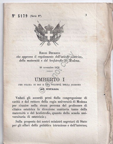 Regio Decreto 1879 Umberto I Modena Istituto ostetrico maternità brefotrofi … | Immagine principale