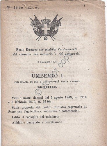 Regio Decreto 1879 Umberto I Ordinamento Consiglio Industria e commercio … | Immagine principale