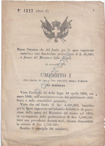 Regio Decreto 1879 Umberto I Prelevazione a favore Ministero della … | Immagine principale