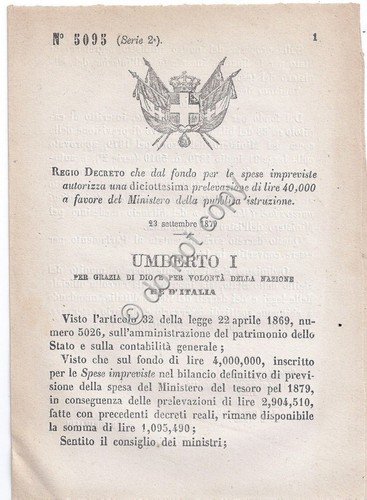 Regio Decreto 1879 Umberto I Prelevazione Ministero Pubblica Istruzione 5095 | Immagine principale