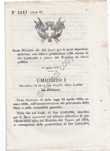 Regio Decreto 1879 Umberto I Prelevazione per Ministero lavori pubblici …