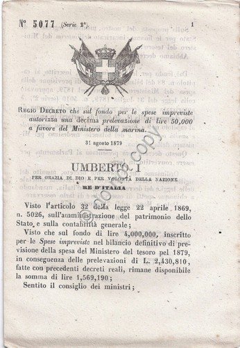 Regio Decreto 1879 Umberto I Prelevazione per Ministero Marina 5077 | Immagine principale