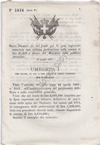 Regio Decreto 1879 Umberto I Prelevazione per Ministero pubblica istruzione …