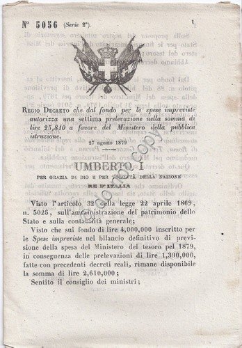 Regio Decreto 1879 Umberto I Prelevazione per Ministero pubblica istruzione …