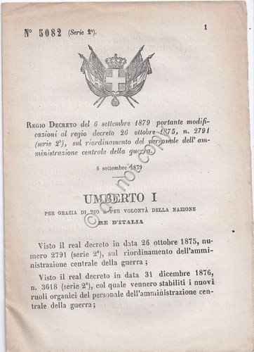 Regio Decreto 1879 Umberto I Riordinamento personale della guerra 5082
