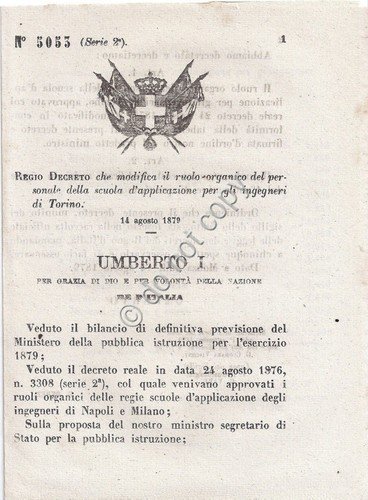 Regio Decreto 1879 Umberto I Scuola applicazione Ingegneri Torino 5053 | Immagine principale