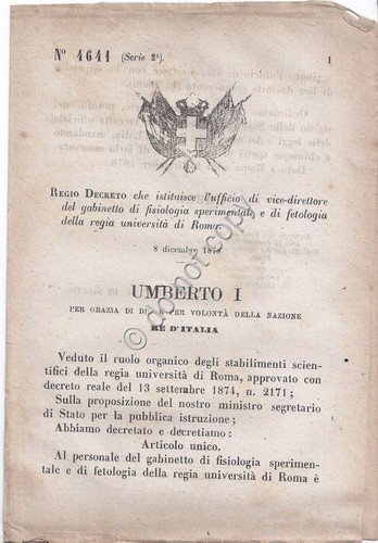 Regio Decreto 1879 Umberto I Università di Roma fisiologia sperimentale … | Immagine principale