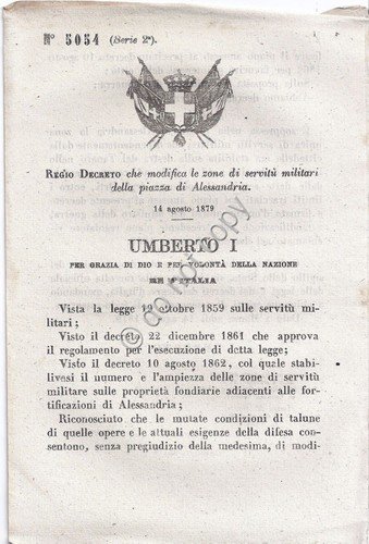Regio Decreto 1879 Umberto I zone servizi militari Alessandria 5054