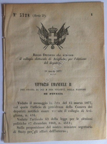 Regio Decreto 3728 Convocazione collegio elettorale di Avigliana 1877 | Immagine principale