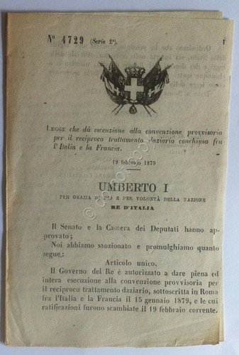 Regio Decreto 4729 - Convenzione trattamento daziario Italia Francia - … | Immagine principale