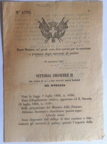 Regio Decreto 4795 Cauzione a presentarsi dagli esercenti di Mulini …