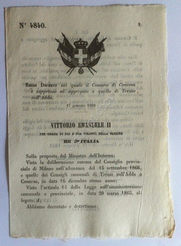 Regio Decreto 4840 Concesa aggregata a Trezzo sull'Adda 1869