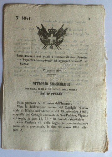 Regio Decreto 4841 San Pedrino e Vignate aggregati a Liscate | Immagine principale