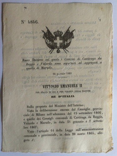 Regio Decreto 4846 Castiraga da Reggio e Vidardo aggregati a … | Immagine principale