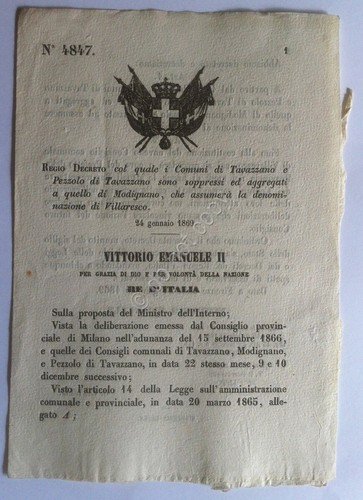 Regio Decreto 4847 Tavazzano e Pezzolo di Tavazzano con Modigliano …