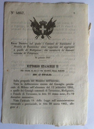 Regio Decreto 4847 Tavazzano e Pezzolo di Tavazzano con Modigliano …