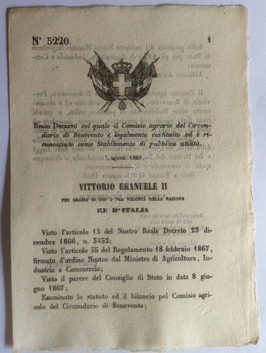 Regio Decreto 5220 Benevento Stabilimento di pubblica utilità