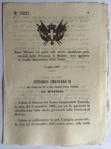 Regio Decreto 5223 Modena aggiunta strada provinciale della Chiesa | Immagine principale