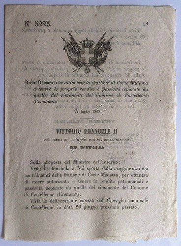 Regio Decreto 5225 Corte Madama rendite separate da Castelleone (Cremona)