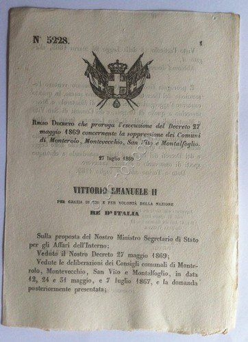 Regio Decreto 5228 Soppressione Comuni Monterolo Montevecchio San Vito 1869 | Immagine principale