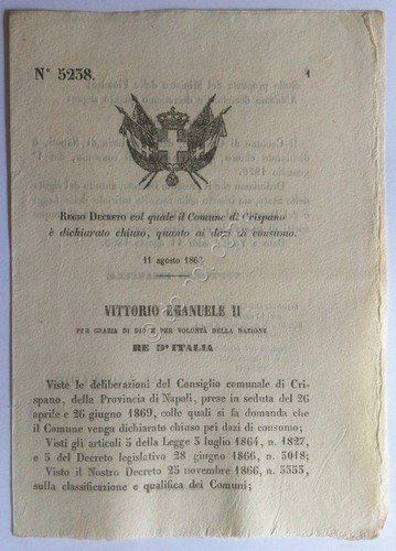 Regio Decreto 5238 Comune di Crispano chiuso ai dazi di … | Immagine principale