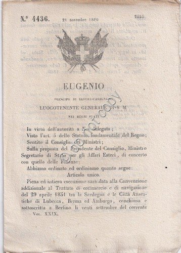 Regio Decreto Eugenio Trattato navigaz Sardegna città Anseatiche di Lubecca … | Immagine principale
