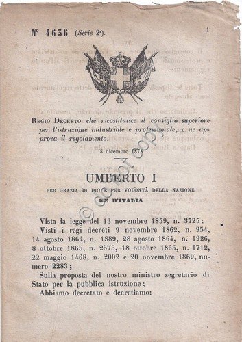 Regio Decreto Umberto I consiglio istruzione industriale professionale 4636
