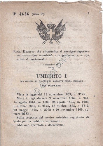 Regio Decreto Umberto I consiglio istruzione industriale professionale 4636