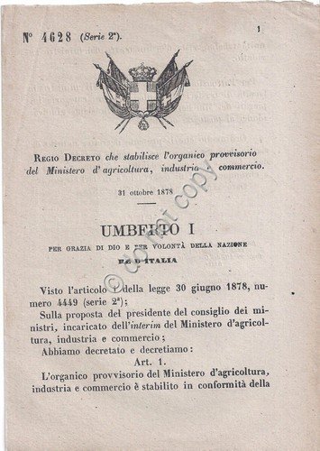 Regio Decreto Umberto I Ministero Agricoltura Industria Commercio Organico 4628
