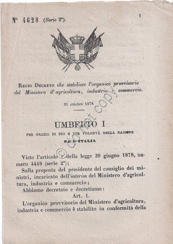 Regio Decreto Umberto I Ministero Agricoltura Industria Commercio Organico 4628 | Immagine principale