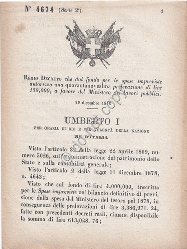Regio Decreto Umberto I Prelevazione a favore Ministero lavori pubblici …