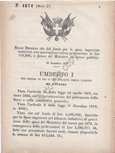 Regio Decreto Umberto I Prelevazione a favore Ministero lavori pubblici …