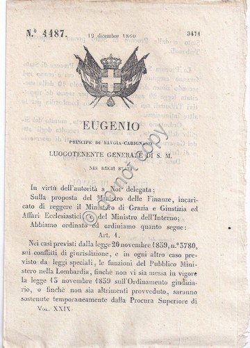 Regio Decreto1860 Eugenio Ministero Grazia e Giustizia ed Affari Lombardia … | Immagine principale