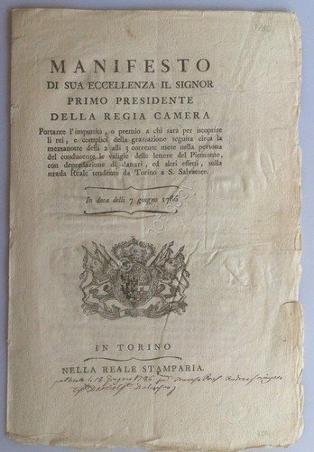Regno di Sardegna 1786 - Manifesto Regia Camera - Grassazione … | Immagine principale