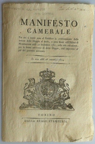 Regno di Sardegna 1814 - Manifesto Camerale Battuta delle Doppie … | Immagine principale
