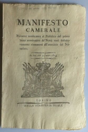 Regno di Sardegna 1814 Manifesto Camerale 1 Elenco Notai riammessi …