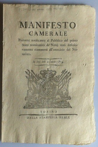 Regno di Sardegna 1814 Manifesto Camerale 1° Elenco Notai riammessi …