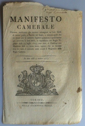 Regno di Sardegna 1815 - Manifesto Camerale - Reintegro diritti … | Immagine principale