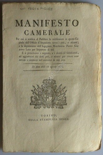 Regno di Sardegna 1815 - Manifesto Camerale - Ufficio Ispezione …