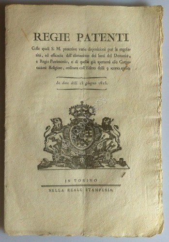 Regno di Sardegna 1815 - Regie Patenti - Alienazione Beni … | Immagine principale