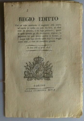 Regno di Sardegna 1815 - Regio Editto - Vendita beni …