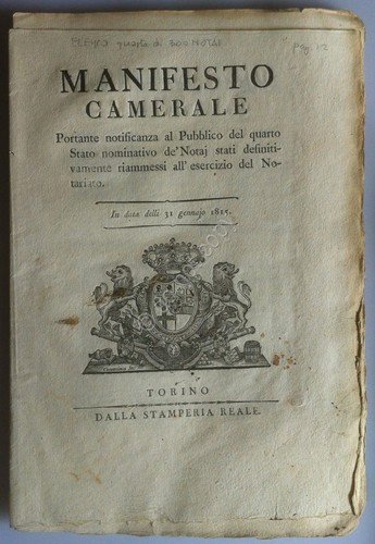 Regno di Sardegna 1815 Manifesto Camerale 4° Elenco Notai riammessi … | Immagine principale