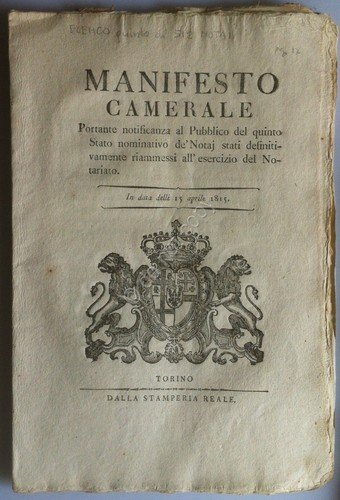 Regno di Sardegna 1815 Manifesto Camerale 5° Elenco Notai riammessi … | Immagine principale