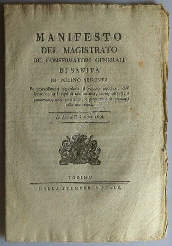 Regno di Sardegna 1816 - Manifesto Magistrato Sanità - Vajuolo …